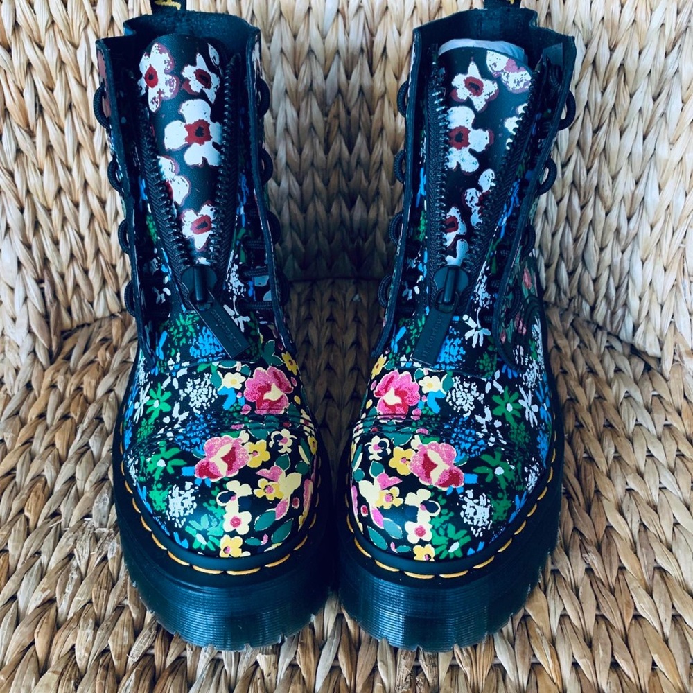 Dr. Martens Floral Combat Boots - Black and Multicolor